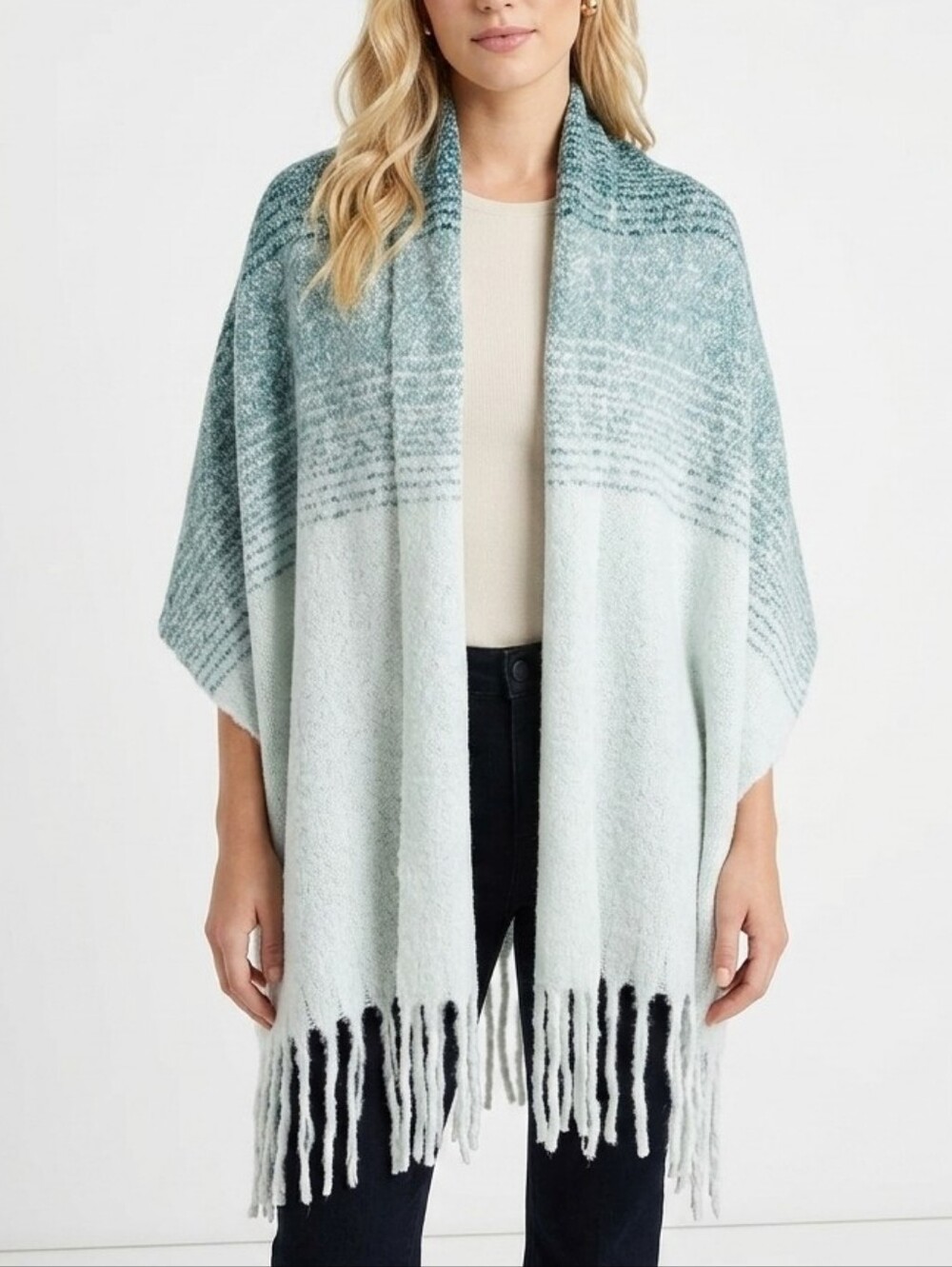 Mer Sea Cozy Oversized Travel Wrap Scarf Teal Ombre Fringed Blanket Pashmina OS